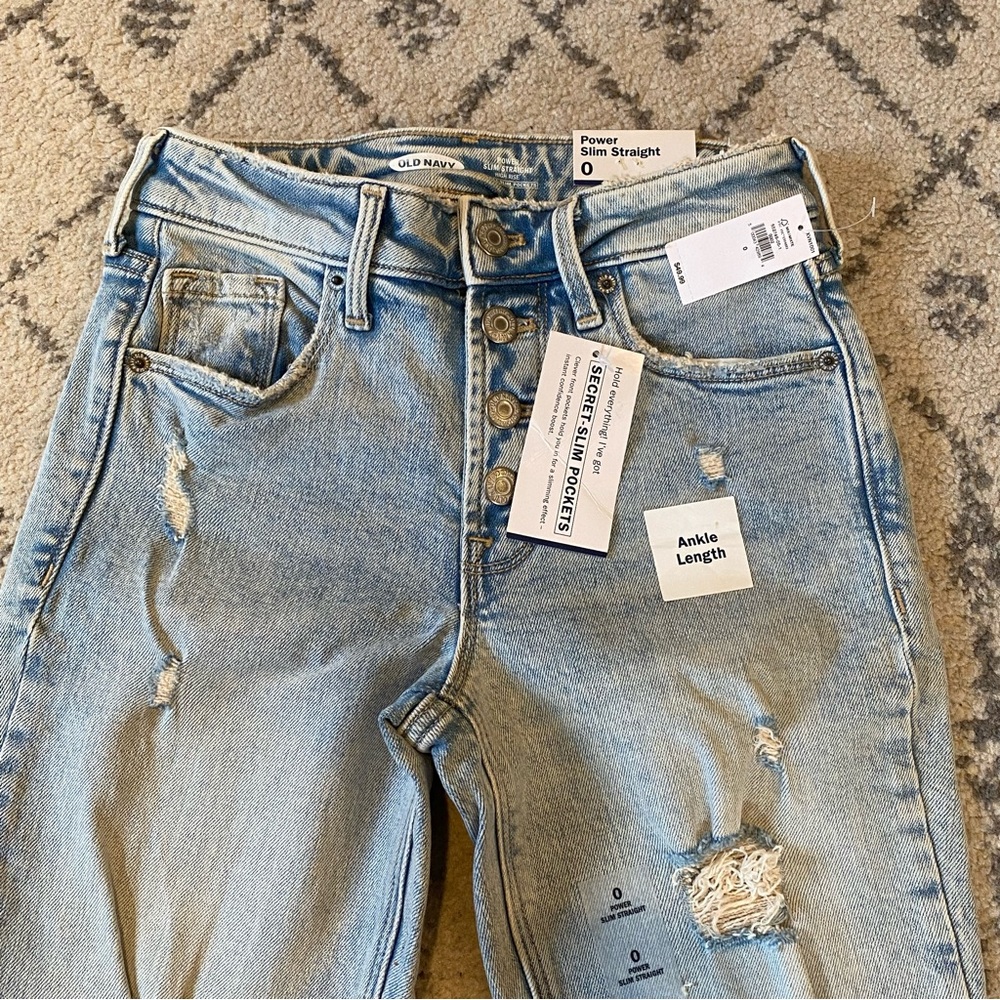 Old Navy Power Slim Straight Ankle Jeans Buttlon Fly Distressed - Picture 3 of 8